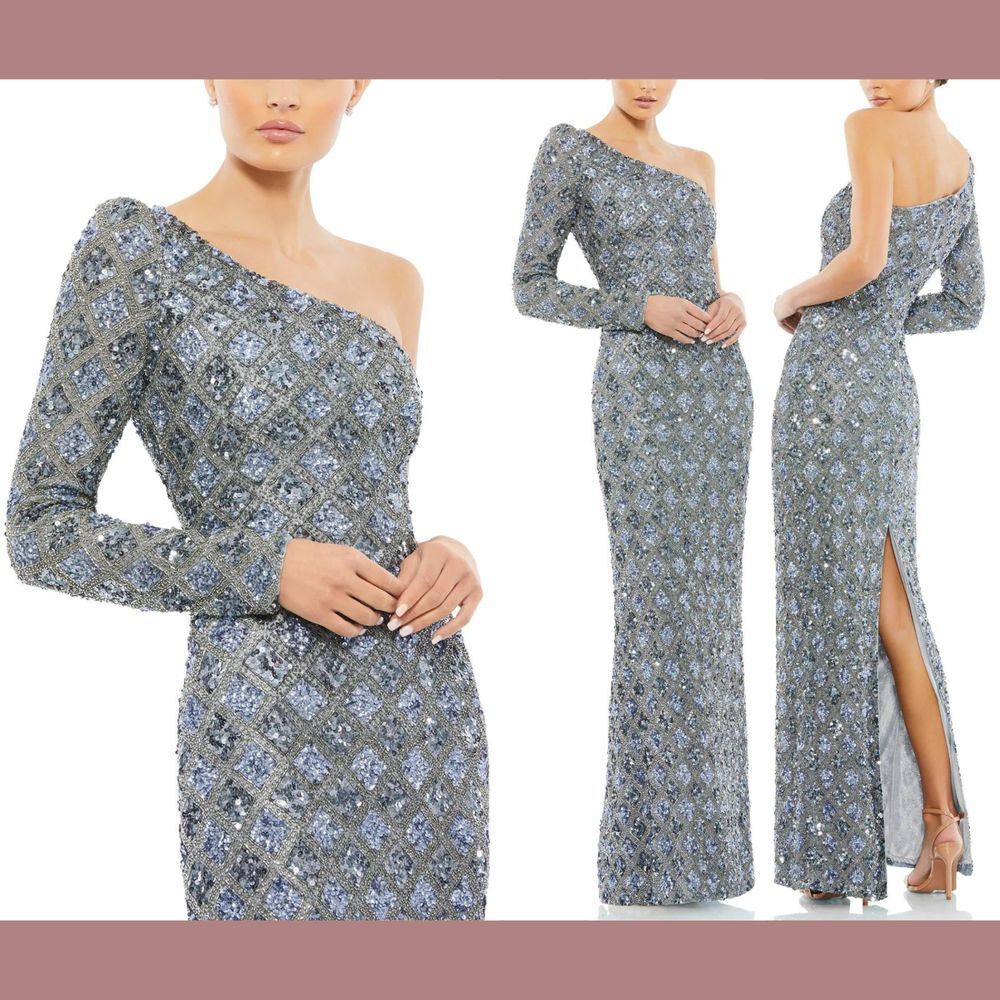 NWT‎ Mac Duggal [ 2 ] 5479 Embellished One Shoulder Asymmetrical Gown Slate